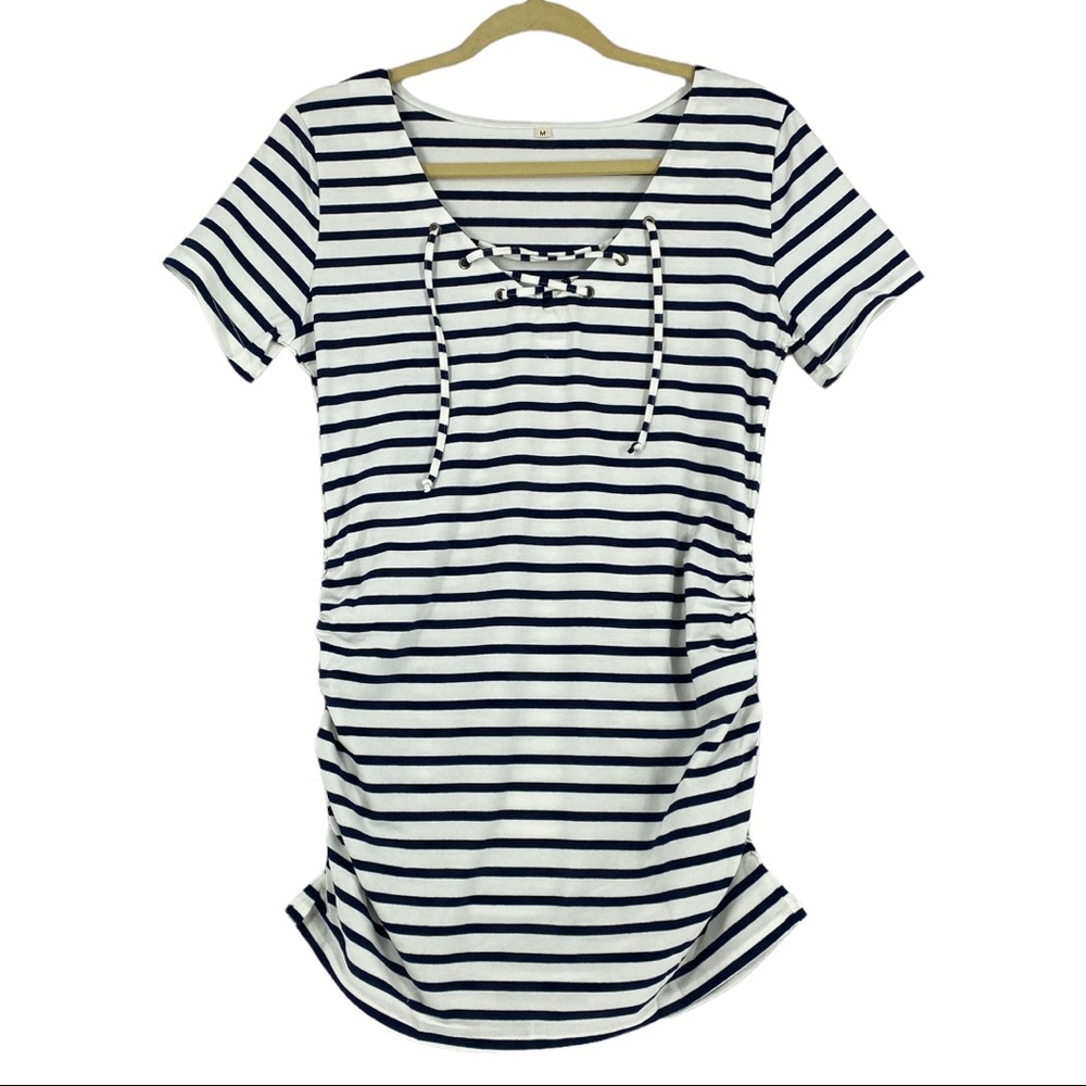 Yesno Women’s Short Sleeve Tie Front Striped Shirred T-Shirt White/Black Size M